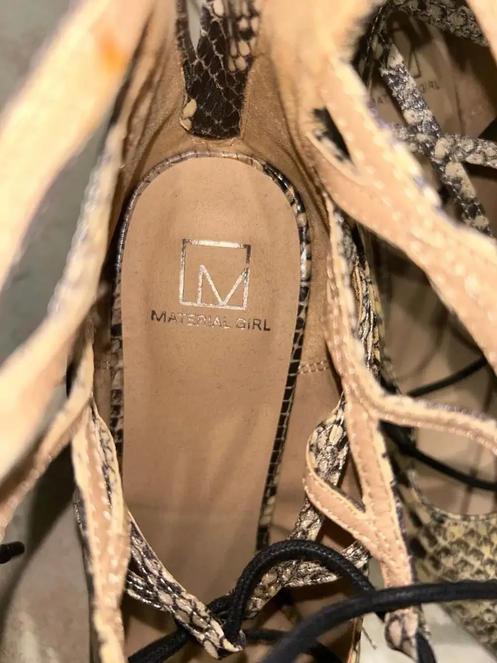 Material Girl Pointed Toe Lace-Up Stiletto Heels in Snakeskin Print